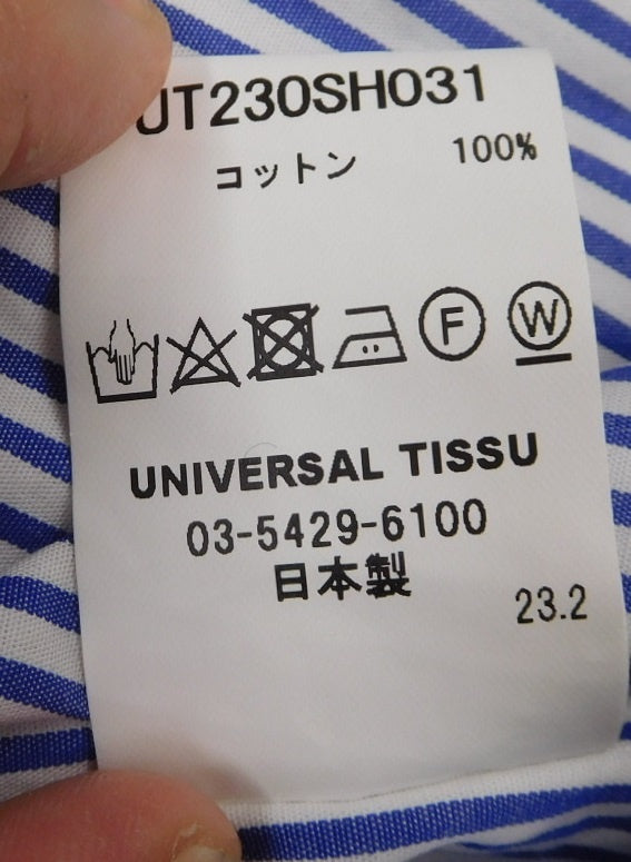 タグ付!UNIVERSAL TISSU ユニバーサルティシュ コットンワンピース ブルーストライプ 日本製 size:F囗T巛