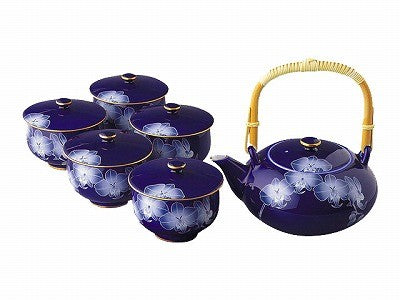 ※送料無料※ 香蘭社 ルリ胡蝶蘭 茶器揃 R1202-AF 土瓶1 蓋つき湯吞5 未使用 囗G
