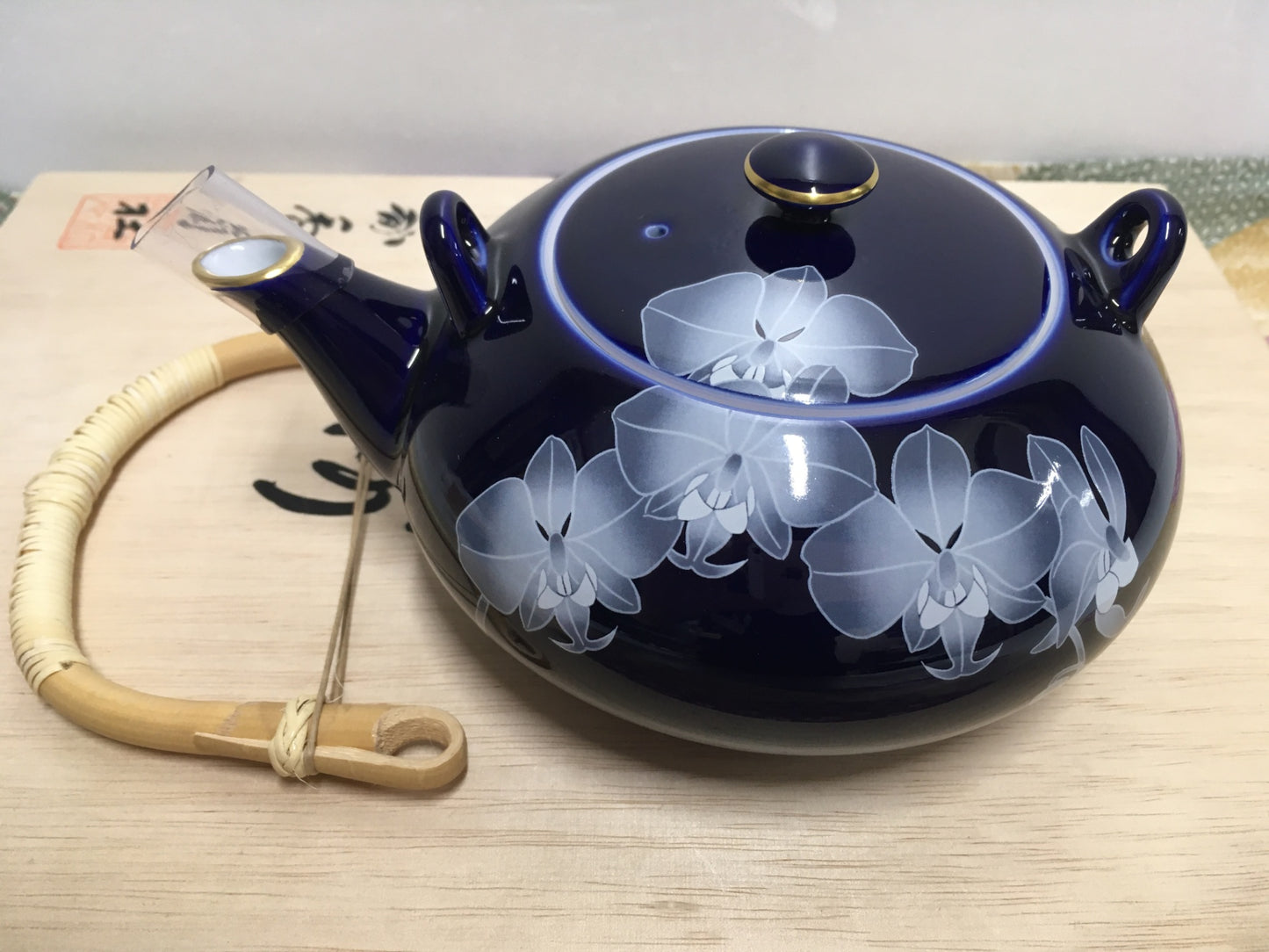 ※送料無料※ 香蘭社 ルリ胡蝶蘭 茶器揃 R1202-AF 土瓶1 蓋つき湯吞5 未使用 囗G
