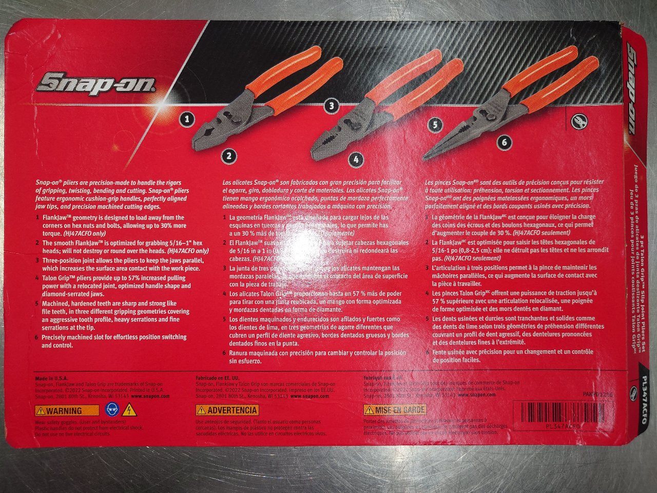 スナップオン snap-on スリップジョイントプライヤーセット PL347ACFO(Orange) 囗T巛