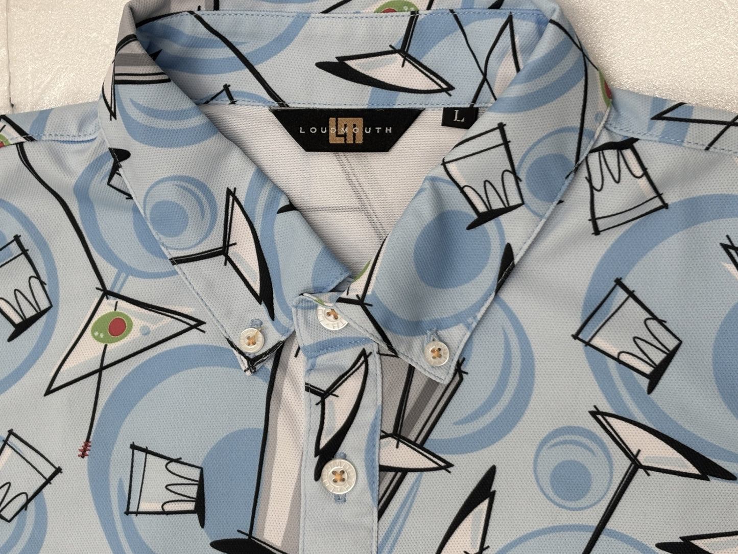 ※送料無料※ LOUDMOUTH ラウドマウス メンズ ゴルフウェア Partini カクテル柄 半袖 ポロシャツ サイズL 古着 囗G