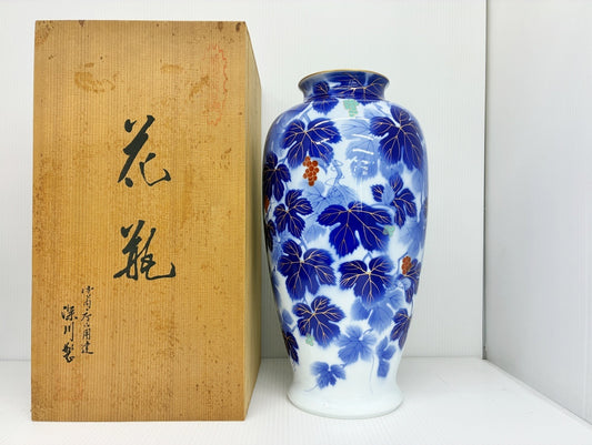 深川製磁 金彩 瑠璃 葡萄 花瓶