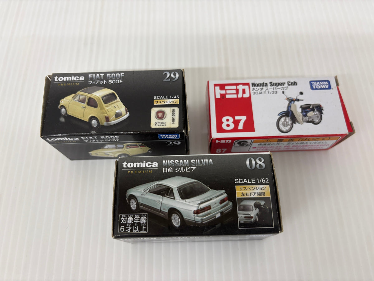 トミカ 3台セット トミカプレミアム 日産シルビア No.08 FIAT500F No.29 ホンダ スーパーカブ No.87 箱付 まとめ売り