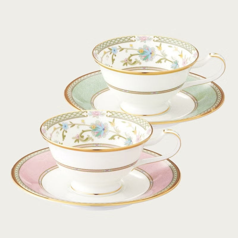 ※送料無料※ Noritake ノリタケ ヨシノ グリーン&ピンク ティーカップ&ソーサー ペアセット Y6988C 998307 未使用品 囗G