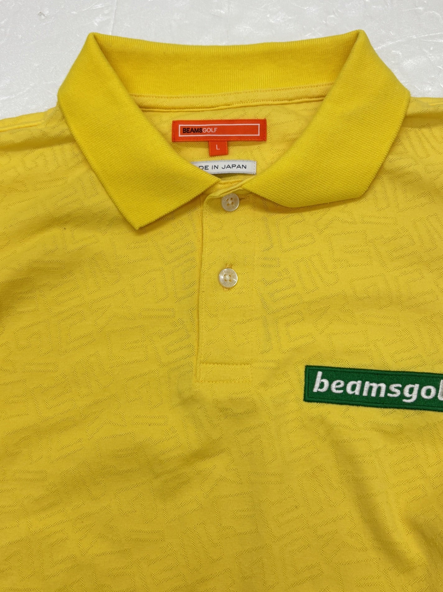 ※送料無料※  BEAMS GOLF ビームスゴルフ メンズ ゴルフウェア 半袖ポロシャツ イエロー カタカナ総柄 サイズL 古着 囗G