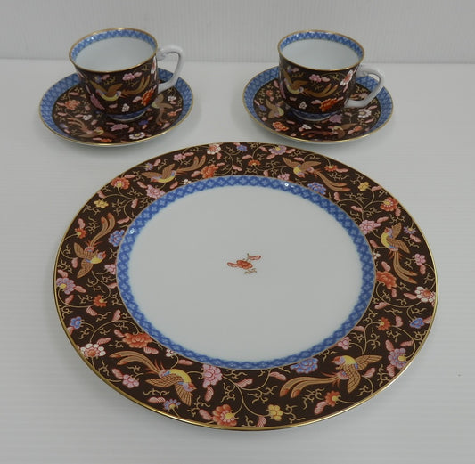 美品！香蘭社 CLASSIC 渕地黒絵花鳥紋 大皿 ペアカップ＆ソーサーセット囗T巛